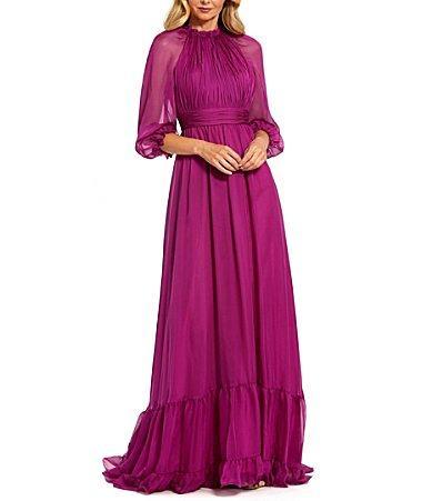 Mac Duggal 34 Illusion Balloon Sleeve Mock Neck Chiffon Tiered Ruffled Hem Gown Product Image