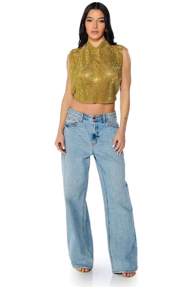 GLISTEN OPEN BACK RHINESTONE CHAIN MAIL TOP IN GOLD Product Image