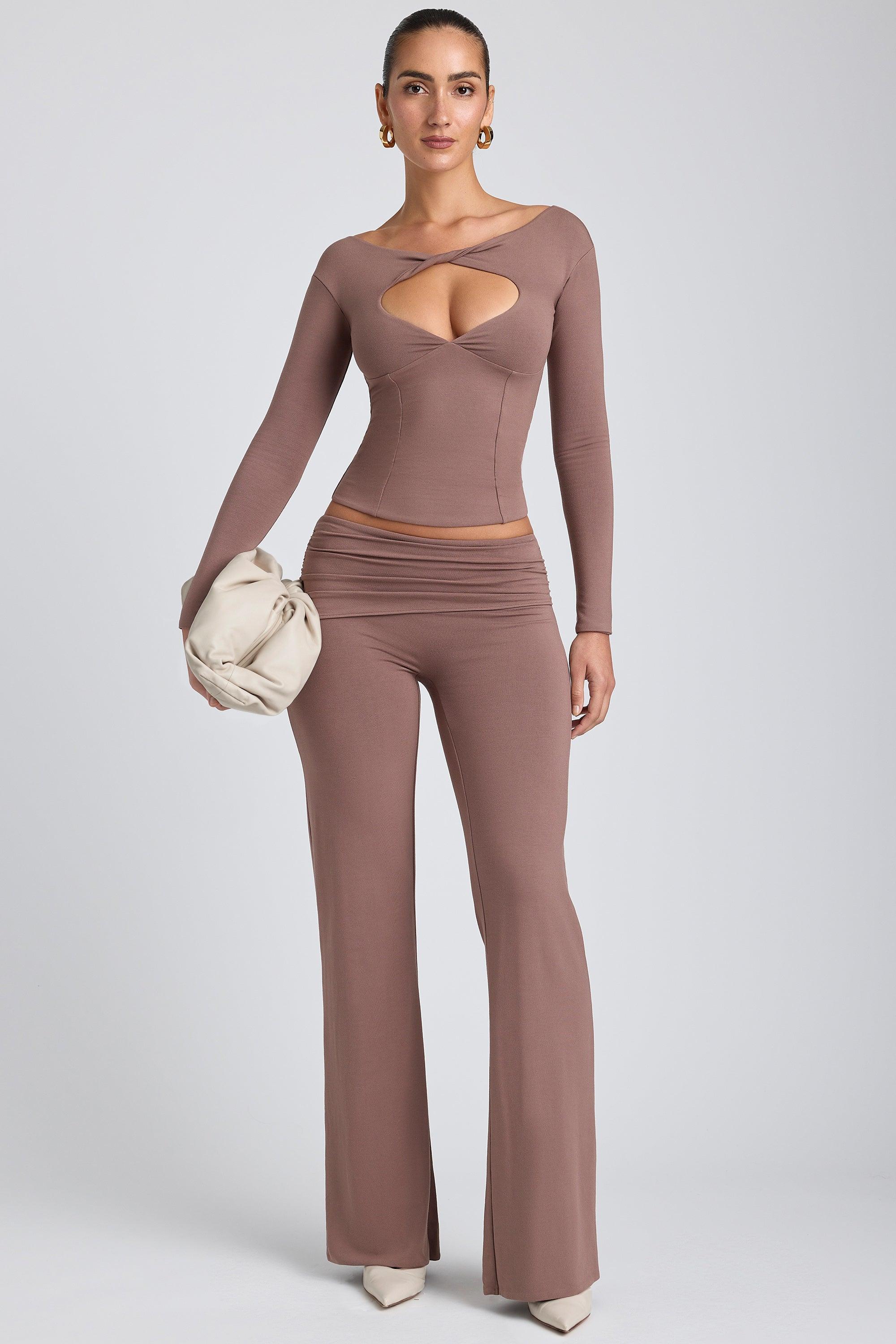 Modal Twist-Front Long-Sleeve Crop Top in Taupe Product Image