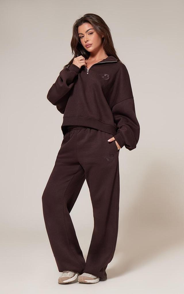 PRETTYLITTLETHING Chocolate Wide Leg Embroidered Sweatpants Product Image