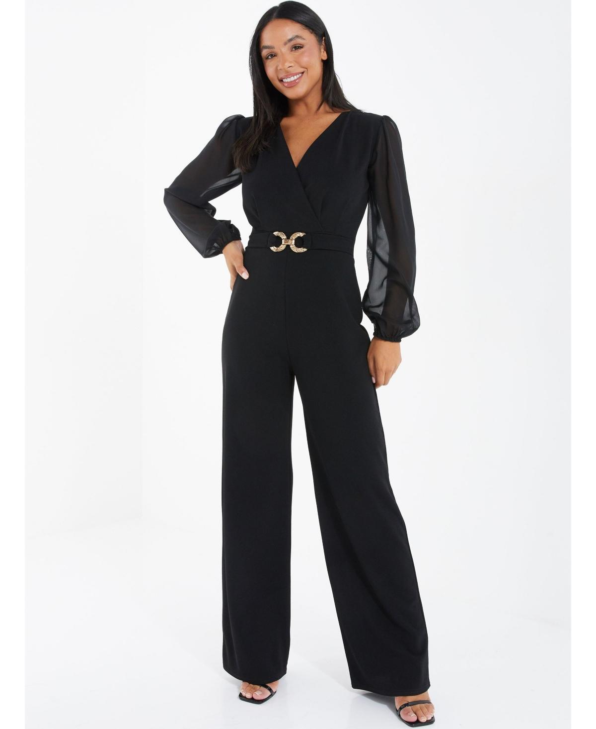 Quiz Womens Black Chiffon Buckle Palazzo Jumpsuit Product Image