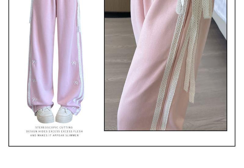 Elastic Waist Bow Embroidered Lace Panel Loose Fit Sweatpants (Various Designs) Product Image