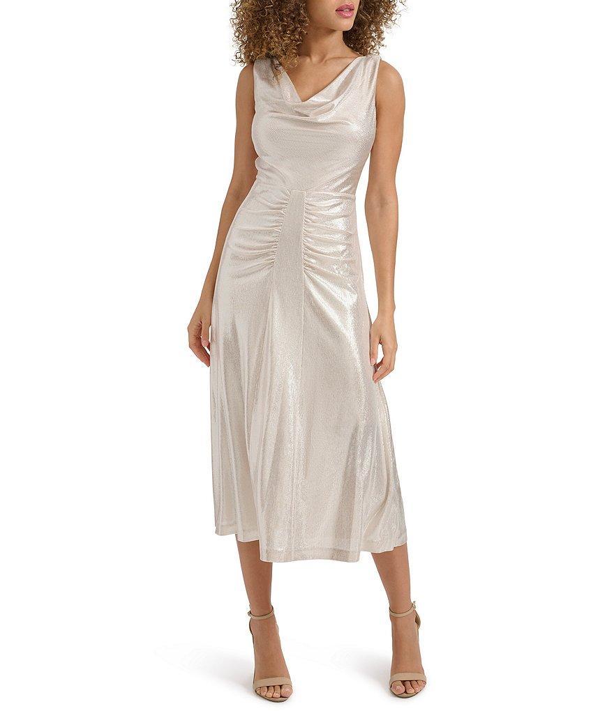 Kensie Foil Knit Cowl Neck Sleeveless Drape Back Sheath Dress Product Image