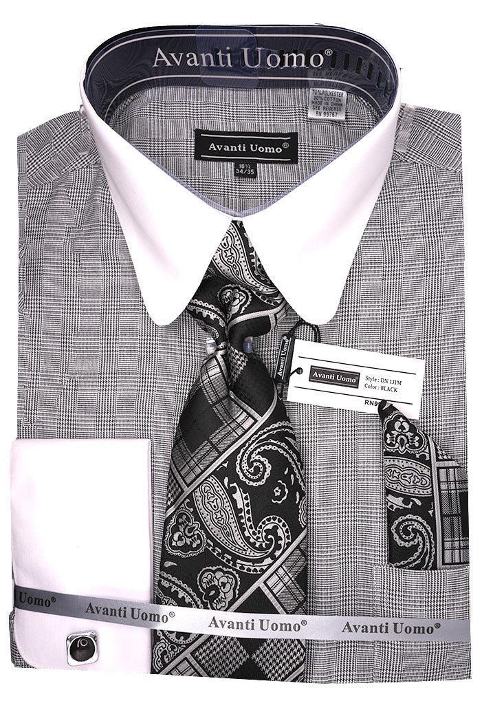 Black Windowpane Dress Shirt Set with Tie and Handkerchief Product Image