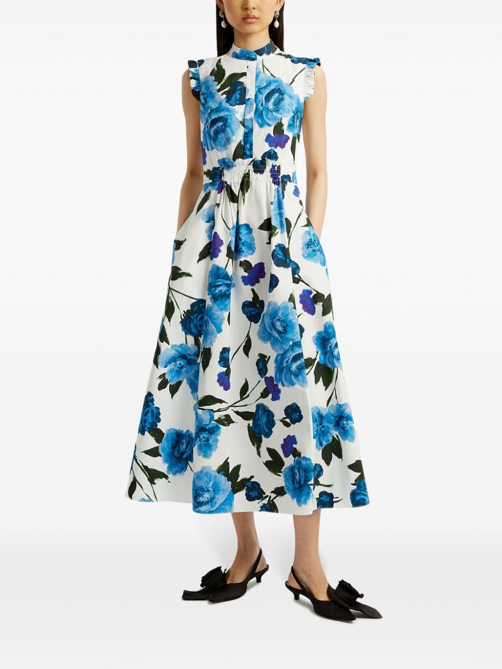 Ruffled Shirred Floral-print Cotton-poplin Midi Dress In White And Blue Product Image