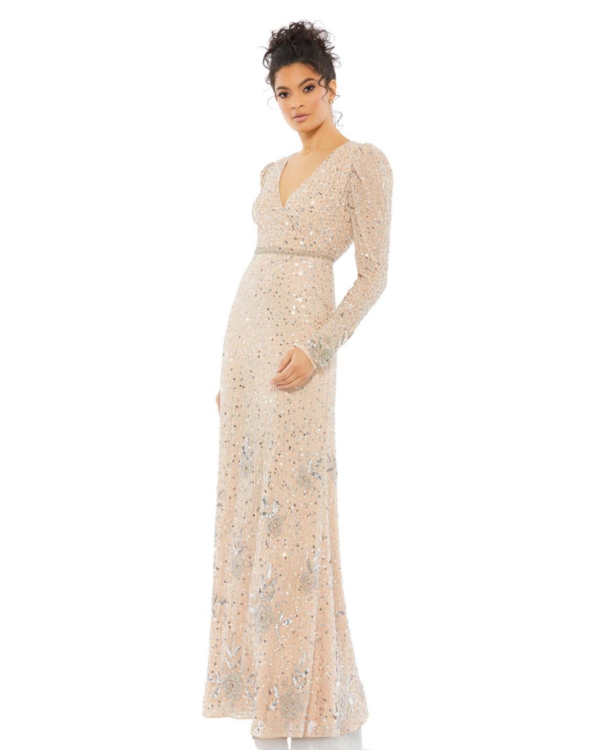 Mac Duggal Surplice V-Neck Puffed Shoulder Long Sleeve Sequin Embellished Sheath Gown Product Image