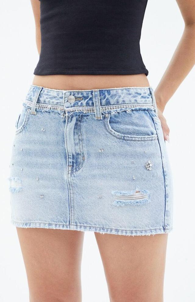 Women's Light Indigo Rhinestone Mid Rise Denim Mini Skirt Product Image