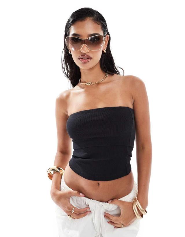 ASOS DESIGN ribbed fold over bandeau top in black Product Image