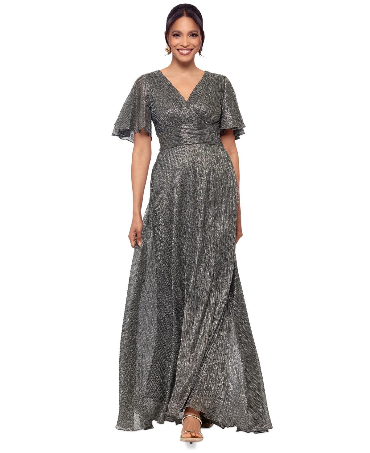 Betsy & Adam Womens V-Neck Flutter-Sleeve Metallic Dress Product Image