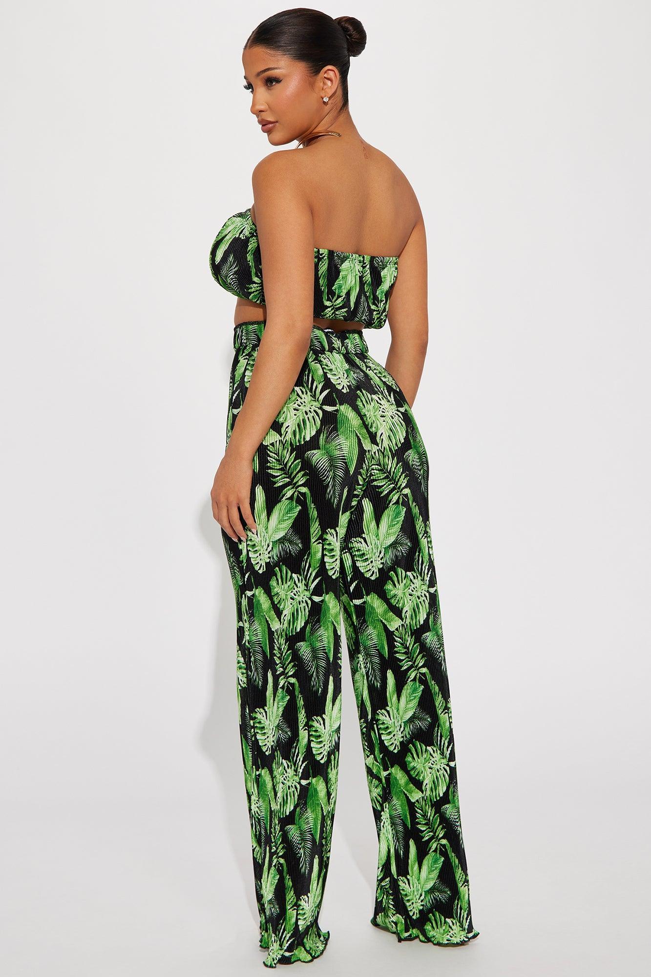 Island Dreams Plisse Pant Set - Black/Green Product Image