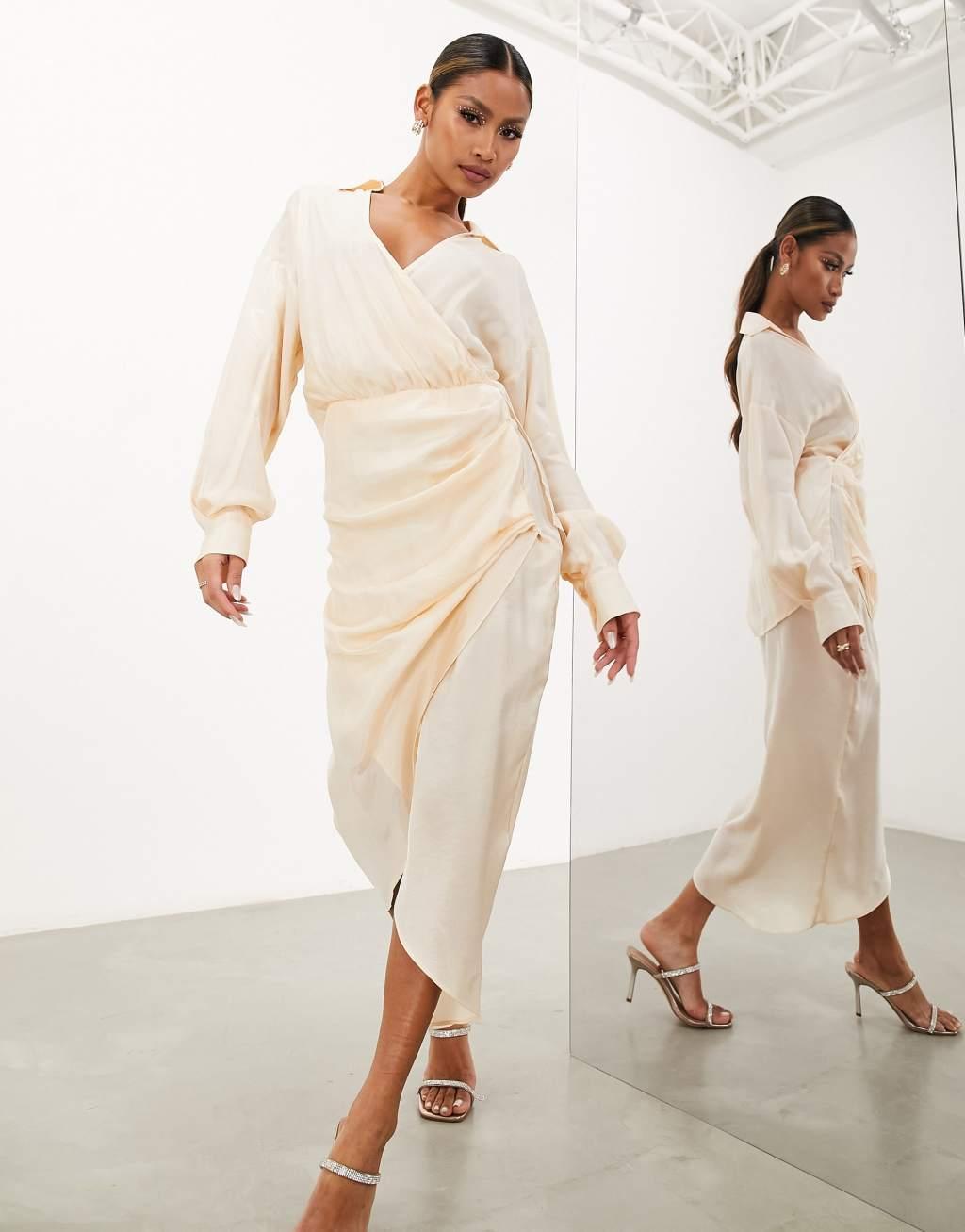 ASOS EDITION drape detail midi shirt dress in seashell Product Image