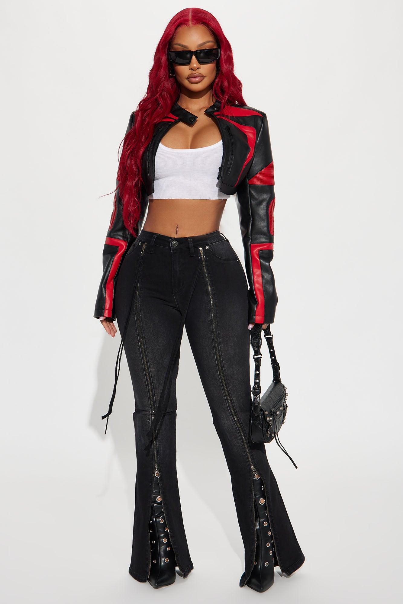 Not Like The Rest Faux Leather Moto Jacket - Black/Red Product Image