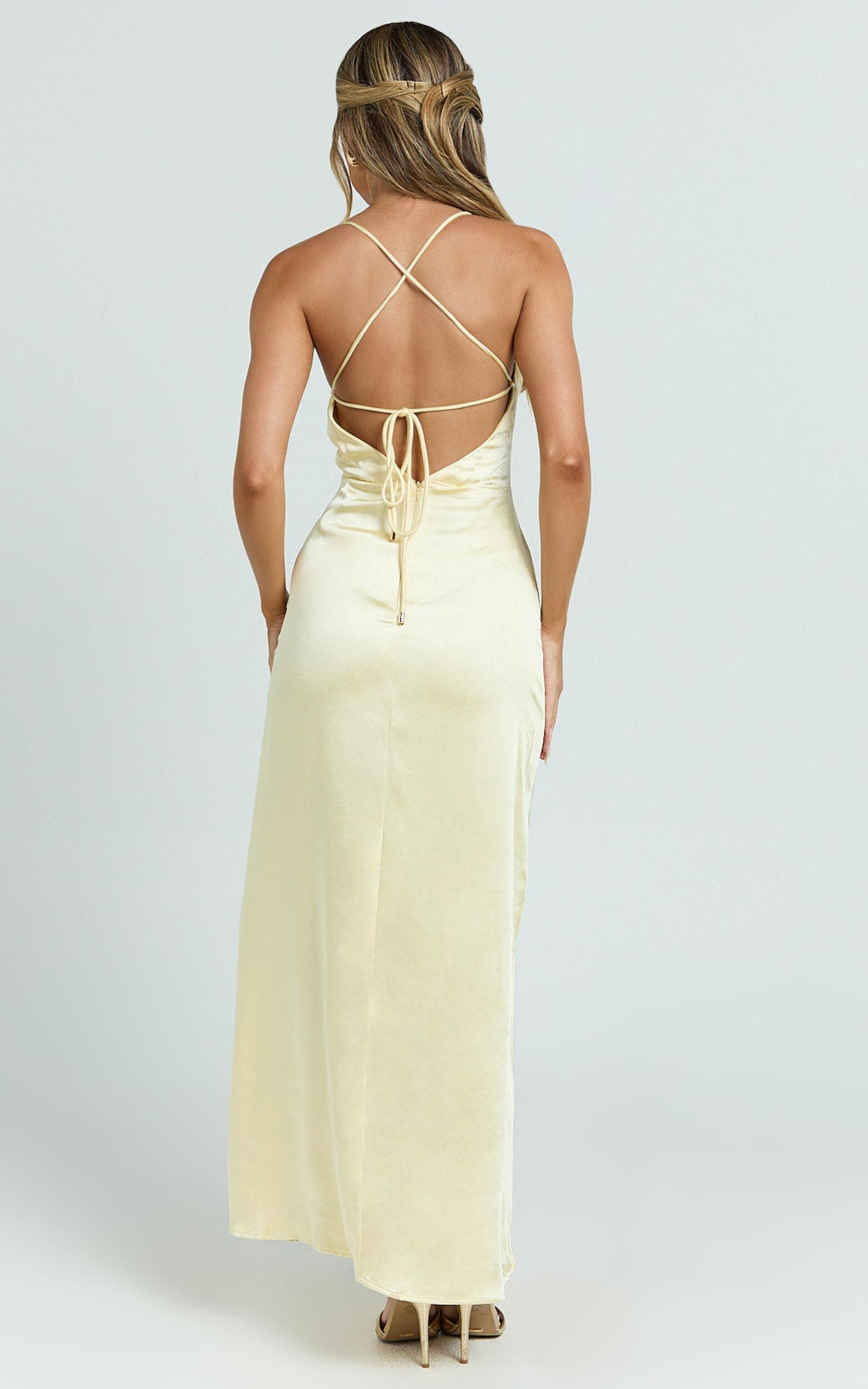 Heidi Maxi Dress - Satin Ruched Bust Tie Back Dress in Lemon Product Image