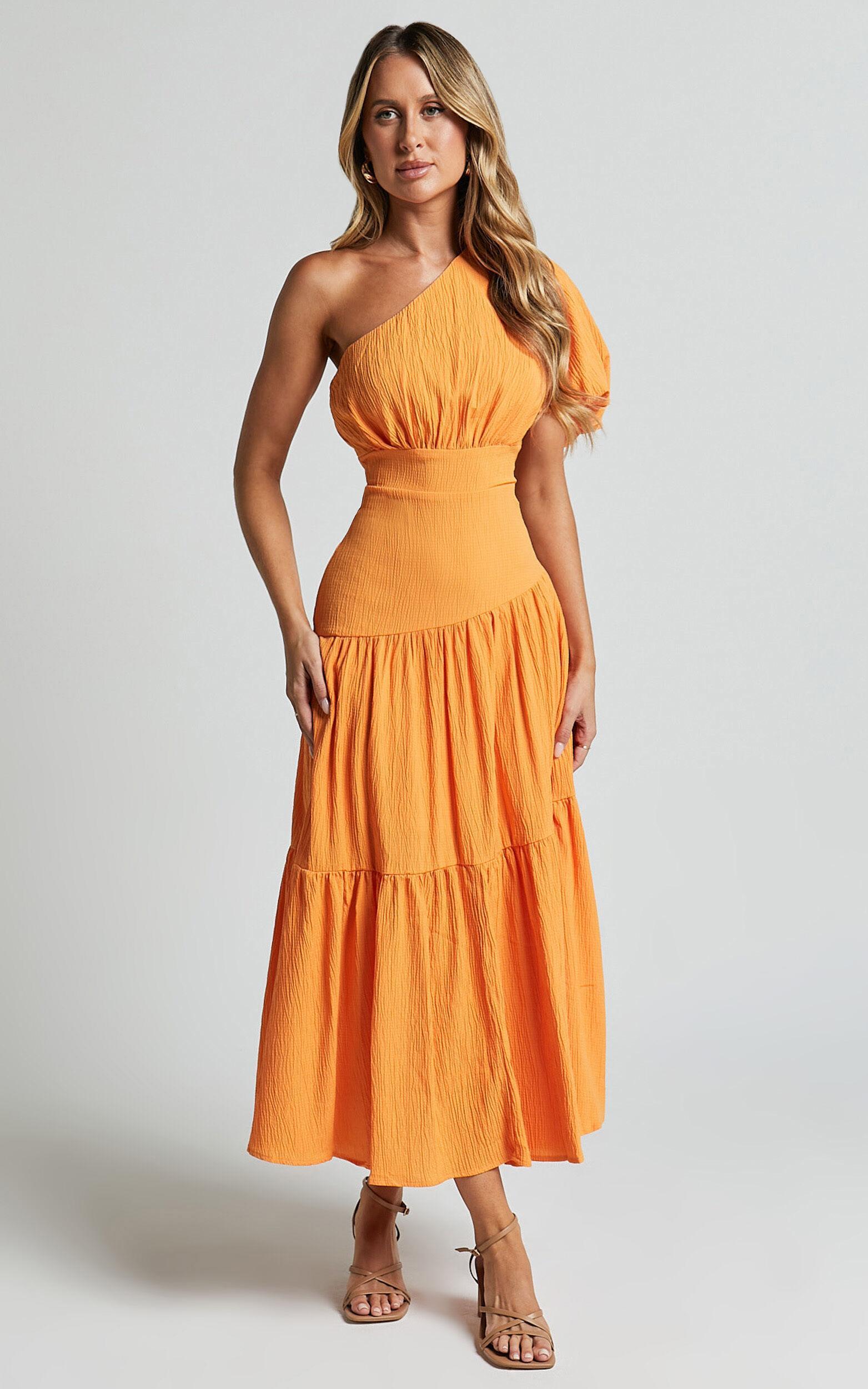 Ciara Midi Dress - One Shoulder Short Puff Sleeve Tiered Dress in Mango Product Image