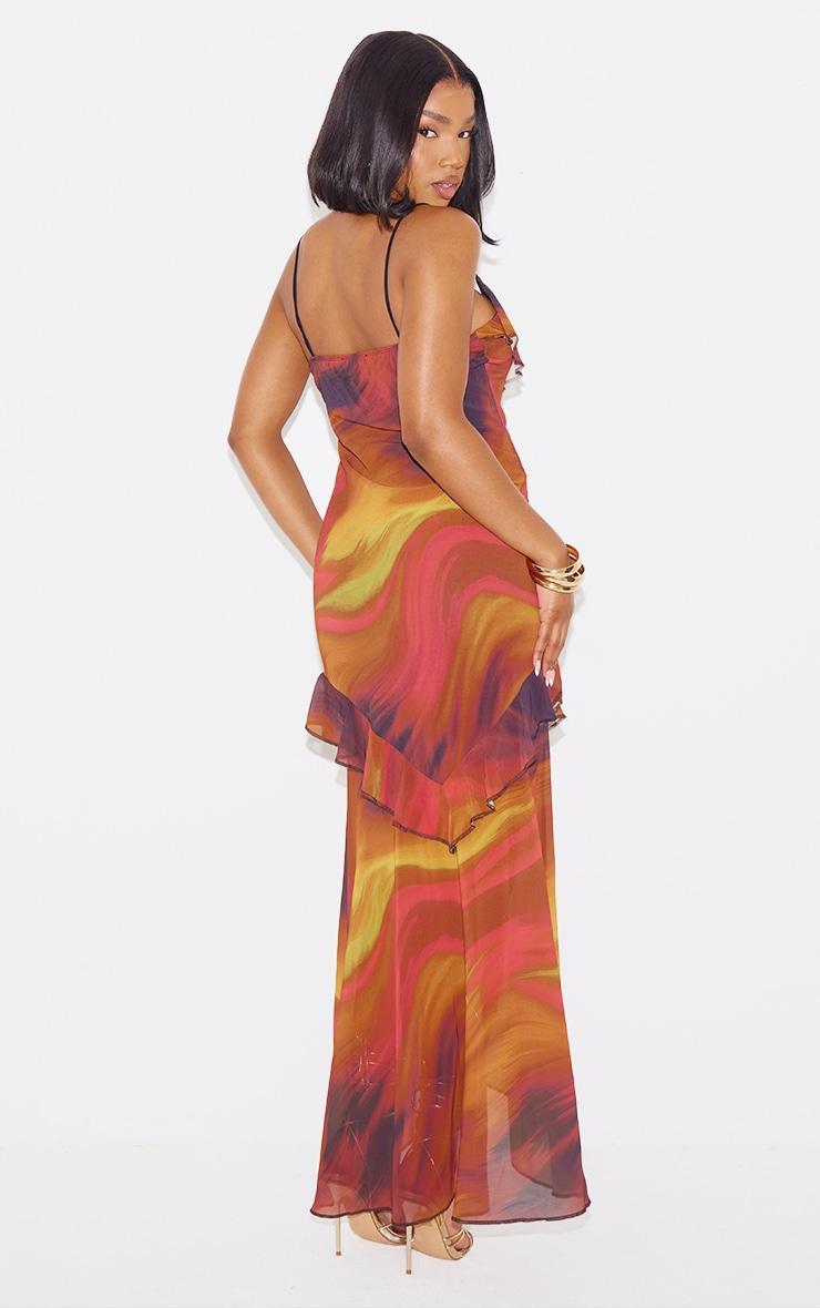 Brown Print Frill Strappy Maxi Dress Product Image