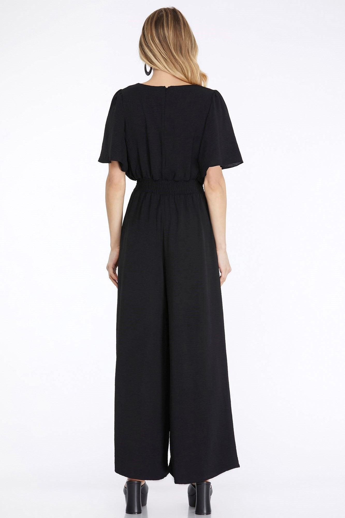 Flounce Sleeve Wide Leg Woven Jumpsuit with side pockets Product Image