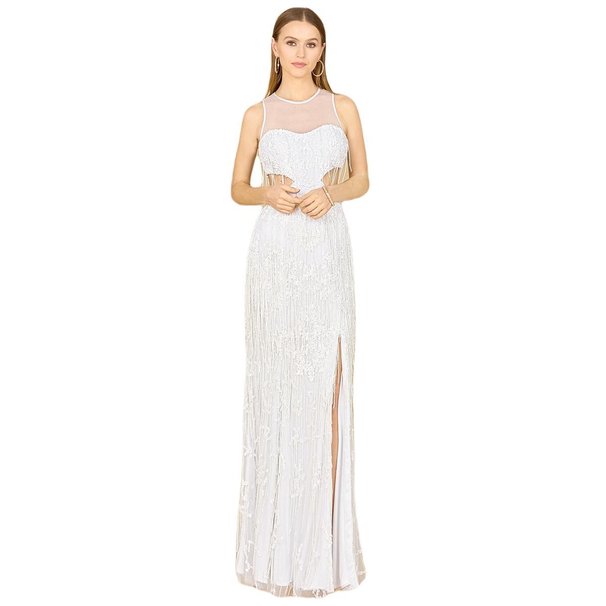 Lara Womens Beaded Cutout Bridal Gown with Fringe Product Image