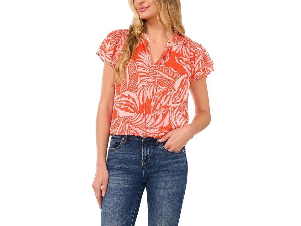 CeCe Womens Tropical Tie-Neck Flutter-Sleeve Blouse Product Image