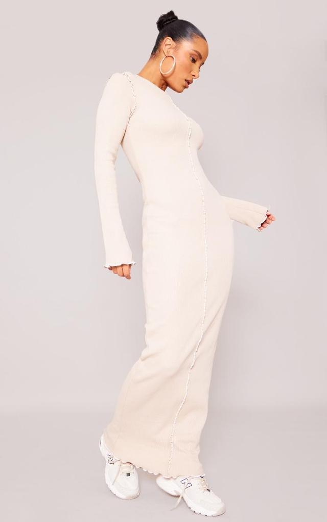 Oatmeal Rib Contrast Seam Flared Sleeve Maxi Dress Product Image