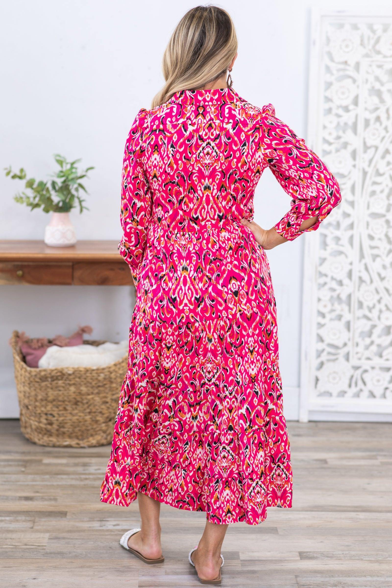 Fuchsia Abstract Print Long Sleeve Maxi Dress Product Image