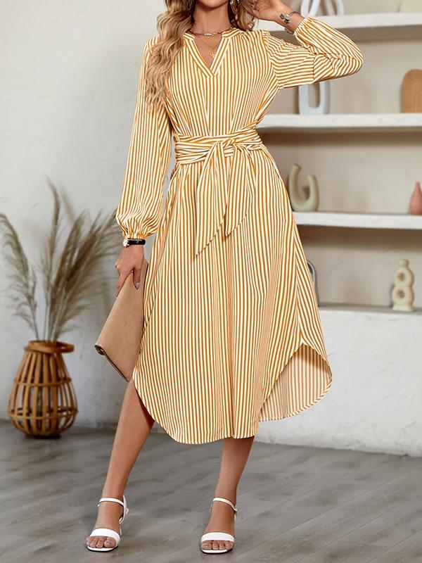 A-Line Long Sleeves Striped Tied Waist V-Neck Midi Dresses Shirt Dress Product Image