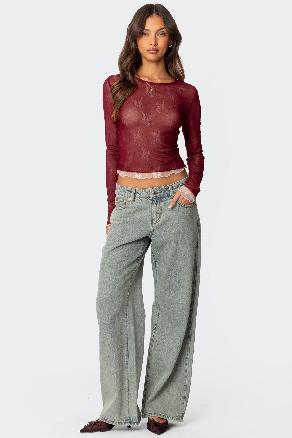 Lacey Sheer Mesh Crew Neck Top Product Image