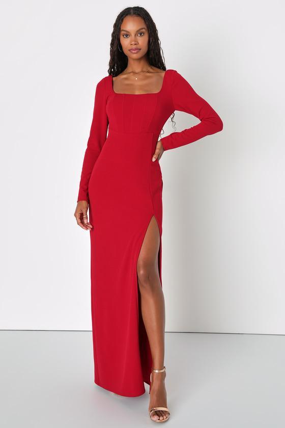 Regal Stunner Red Long Sleeve Corset Maxi Dress Product Image