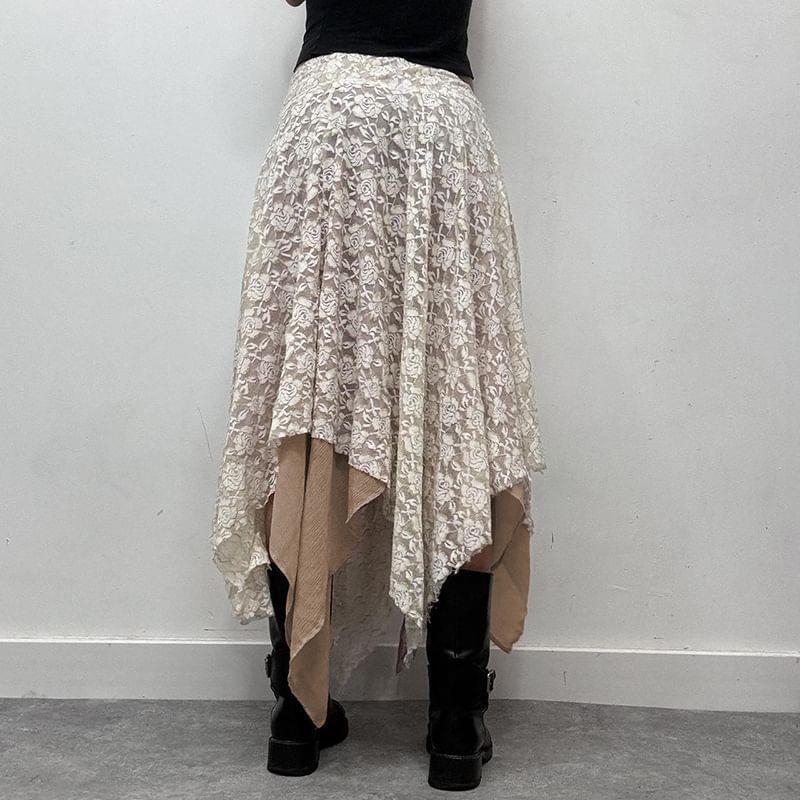 Low Waist Tie-Waist Lace Panel Asymmetric-Hem Midi A-Line Skirt Product Image