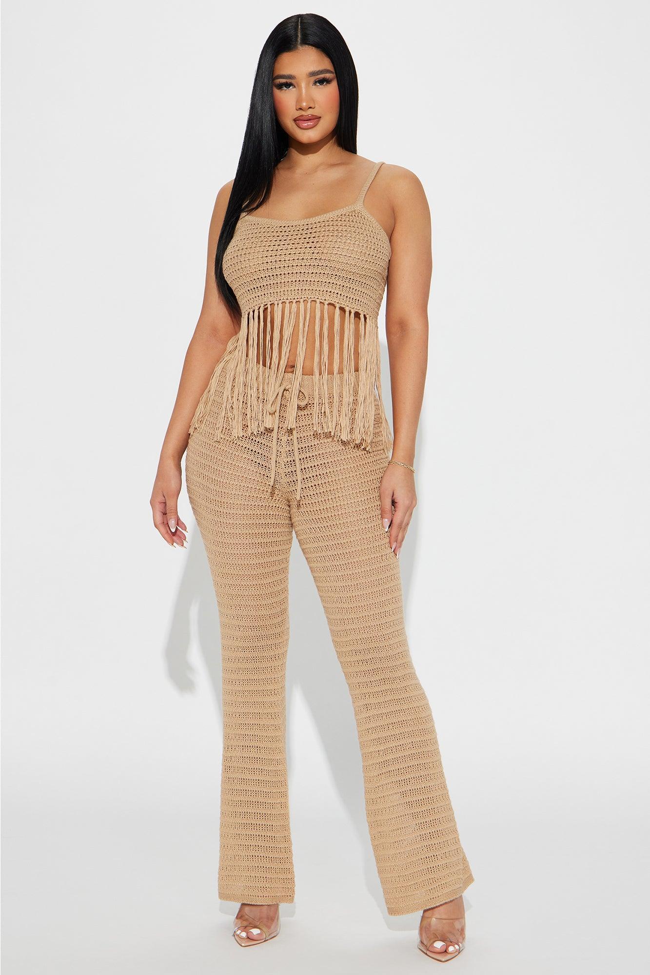 Weekend Flirt Crochet Pant Set - Taupe Product Image