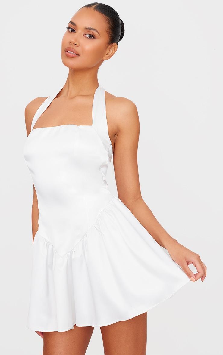 White Premium Satin Corset Detail Shift Dress Product Image