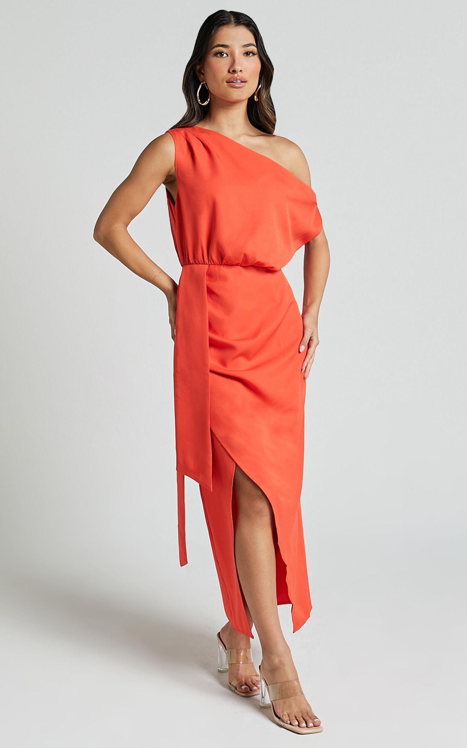 Zuri Midi Dress - One Shoulder Wrap Dress in Orange Product Image