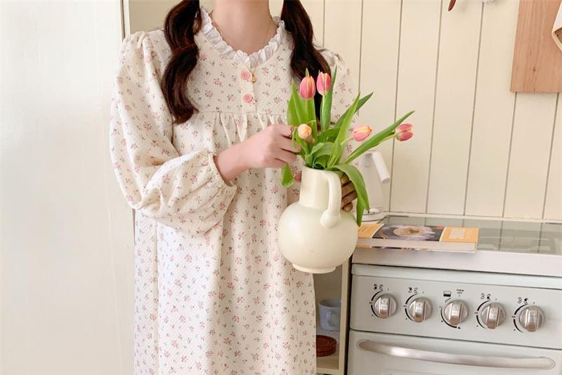 Puff-Sleeve Floral Lace Trim Pajama Dress Product Image