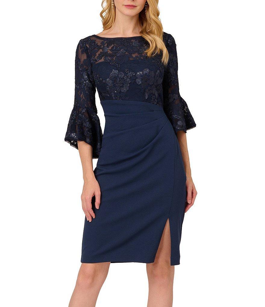 Adrianna Papell Floral Lace Boat Neck 3/4 Bell Cuff Gathered Dress Product Image