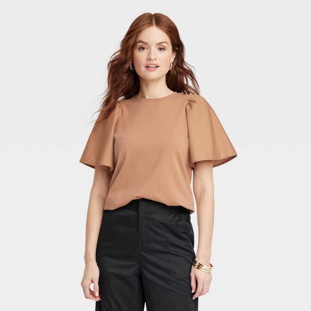 Womens KTW Puff Elbow Sleeve T-Shirt - A New Day Brown L product image