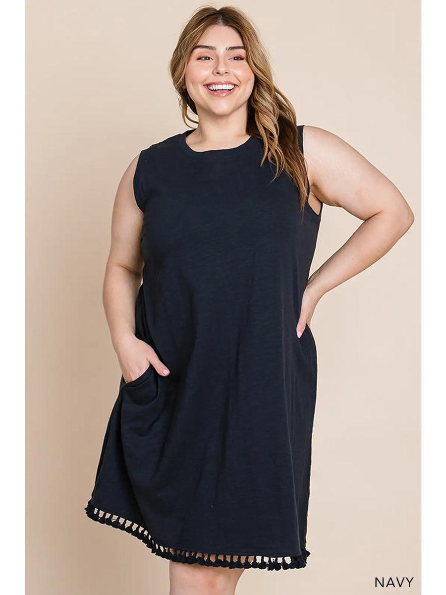 Navy Tassel Washed Cotton Dress For Women Product Image