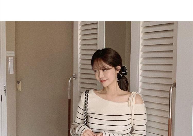 Cold-Shoulder Striped Ribbed Sweater Product Image