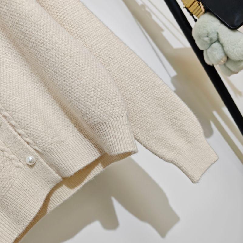 Round Neck Plain Faux Pearl Cardigan Product Image