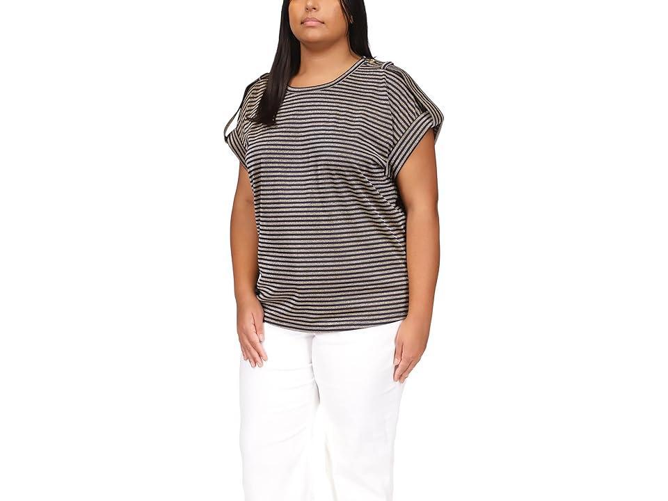 MICHAEL Michael Kors Plus Size Stripe Snap Epaulette T-Shirt (Midnight Blue/Gold) Women's Clothing Product Image