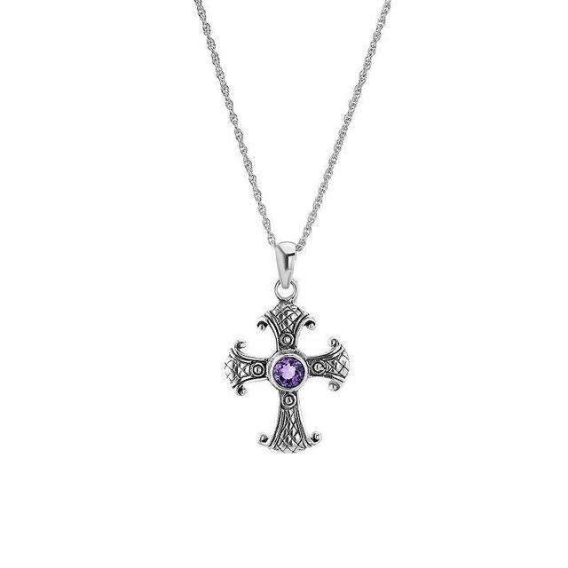 Athra NJ Inc Sterling Silver Amethyst Textured Cross Pendant Necklace, Womens Product Image