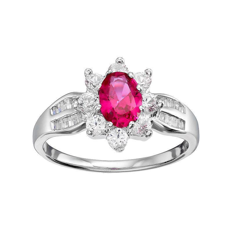 Sterling Silver Lab-Created Ruby & Lab-Created White Sapphire Flower Ring, Womens Red Product Image