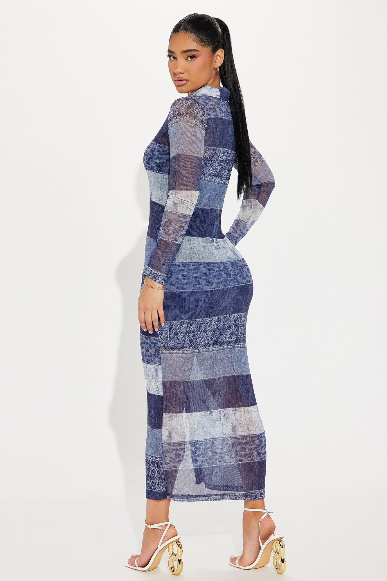 Alia Denim Mesh Maxi Dress - Blue Product Image