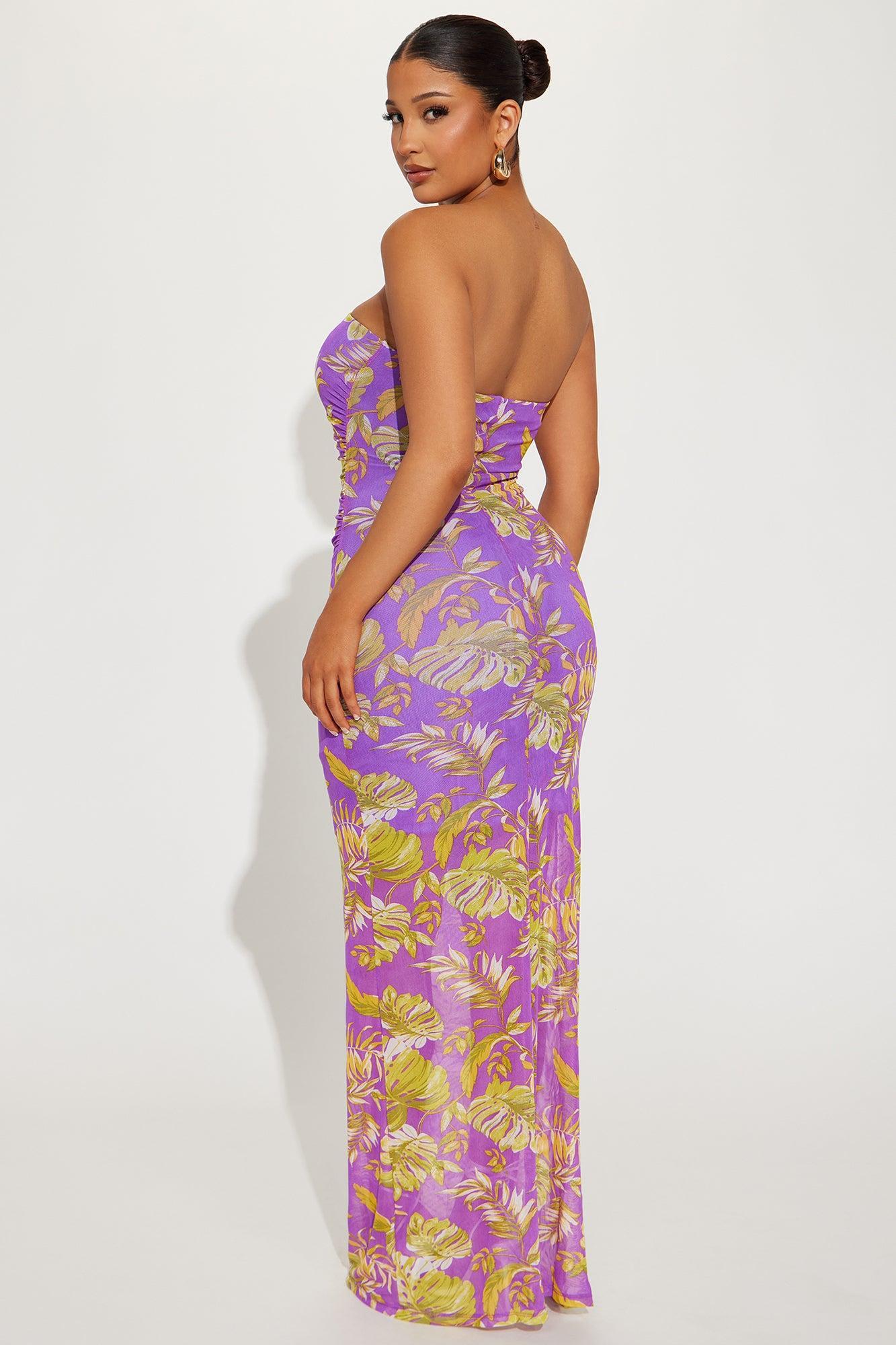 Evelyn Tropical Mesh Maxi Dress - Purple Product Image