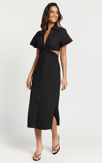 Aeryn Midi Dress - Front Twist Cut Out Shirt Dress in Black Product Image