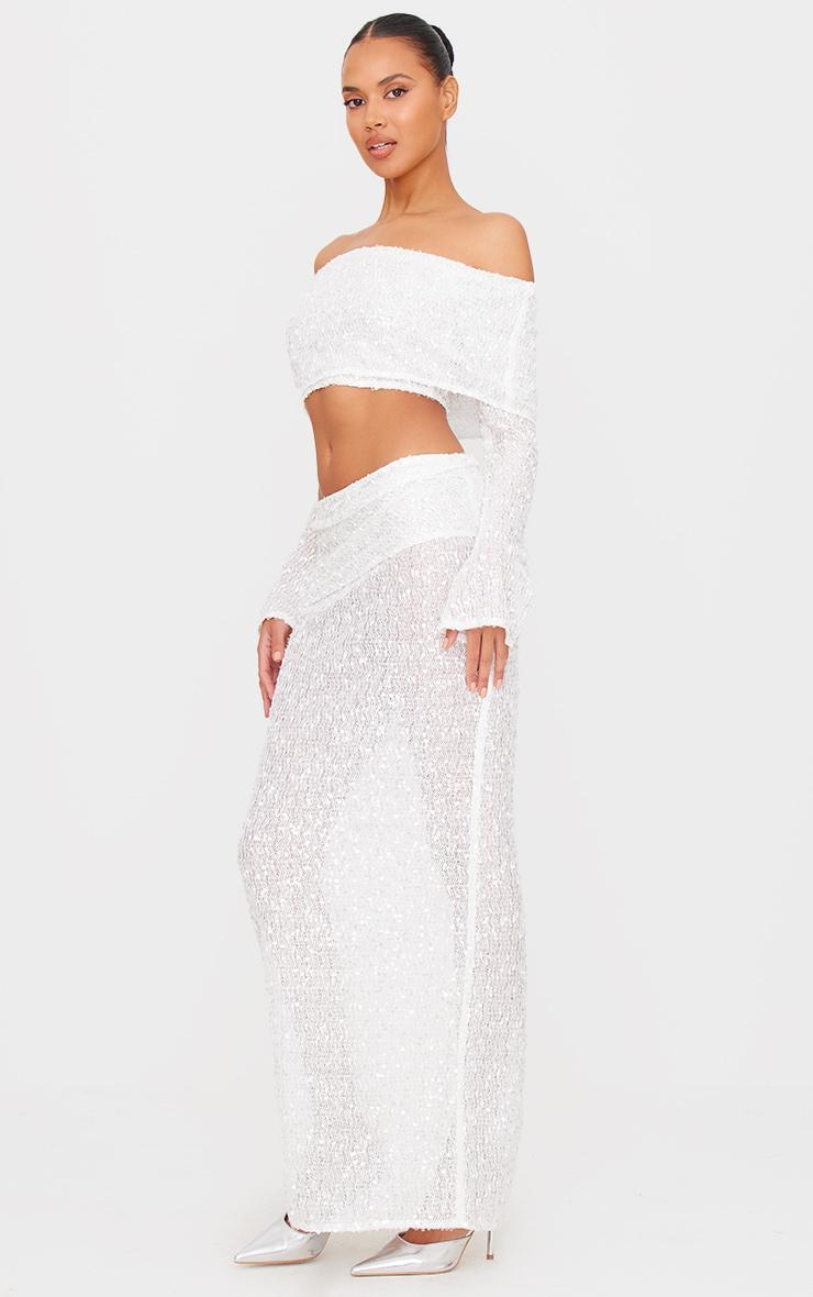 White Textured Sequin Foldover Bardot Top Product Image