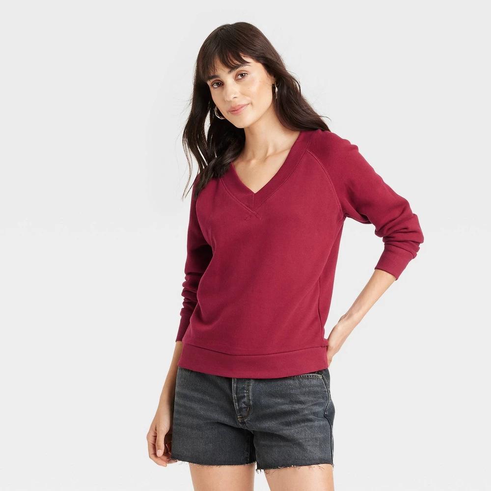 Womens Leisure Studio V-Neck Sweatshirt - Universal Thread Maroon XS Product Image