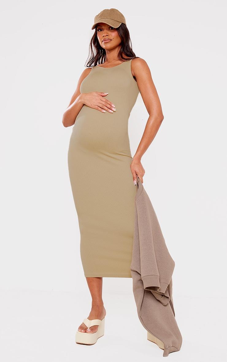 Maternity Pale Khaki Snatched Rib Scoop Neck Bodycon Maxi Dress Product Image