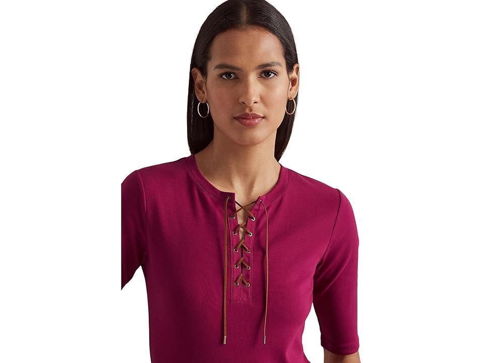 Lauren Ralph Lauren Lace-Up Stretch Cotton Tee (Fuchsia Berry) Women's Clothing Product Image