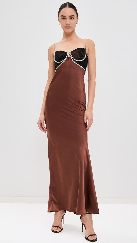 Self Portrait Brown Satin Diamante Maxi Dress | Shopbop Product Image