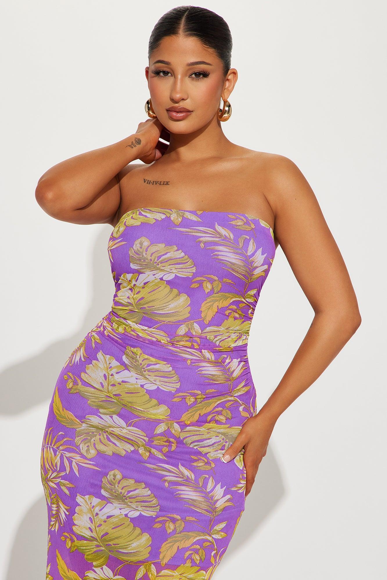 Evelyn Tropical Mesh Maxi Dress - Purple Product Image