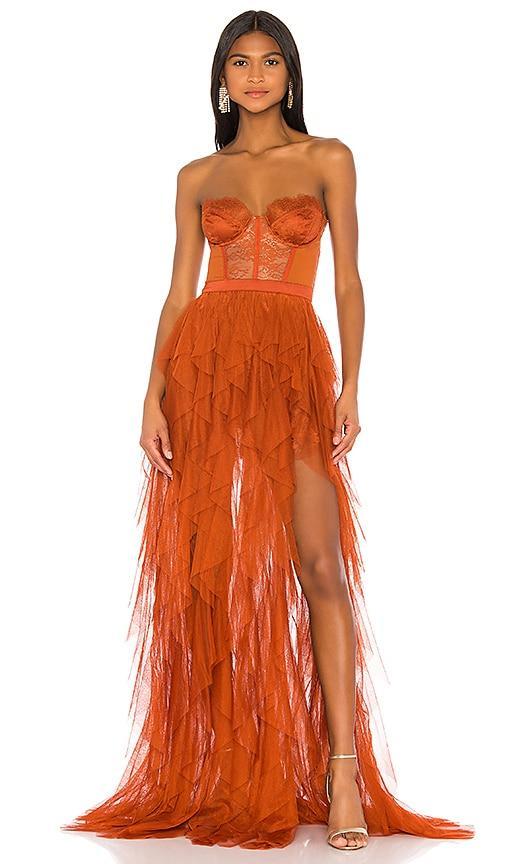 For Love & Lemons x REVOLVE Bustier Gown in Rust. - size XS (also in L, M, S, XL) Product Image